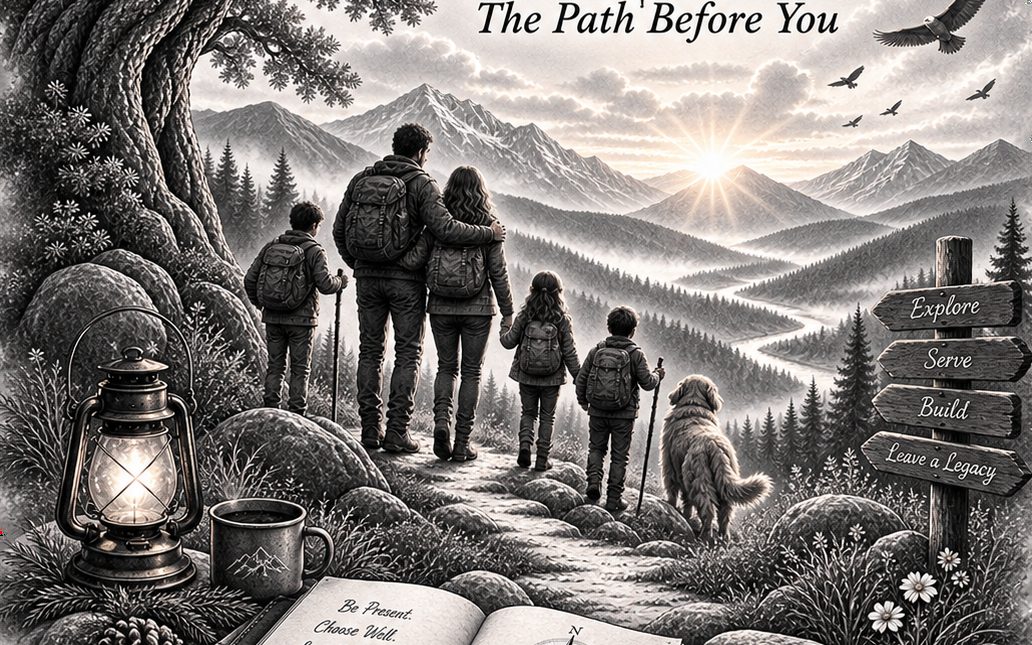 Ink illustration: a family looking out over a valley at sunrise, beside a
                signpost reading Explore, Serve, Build, Leave a Legacy